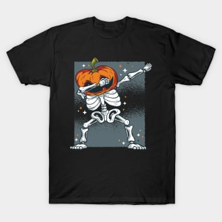 Skeleton with Pumpkin Head Dabbing Halloween Design T-Shirt